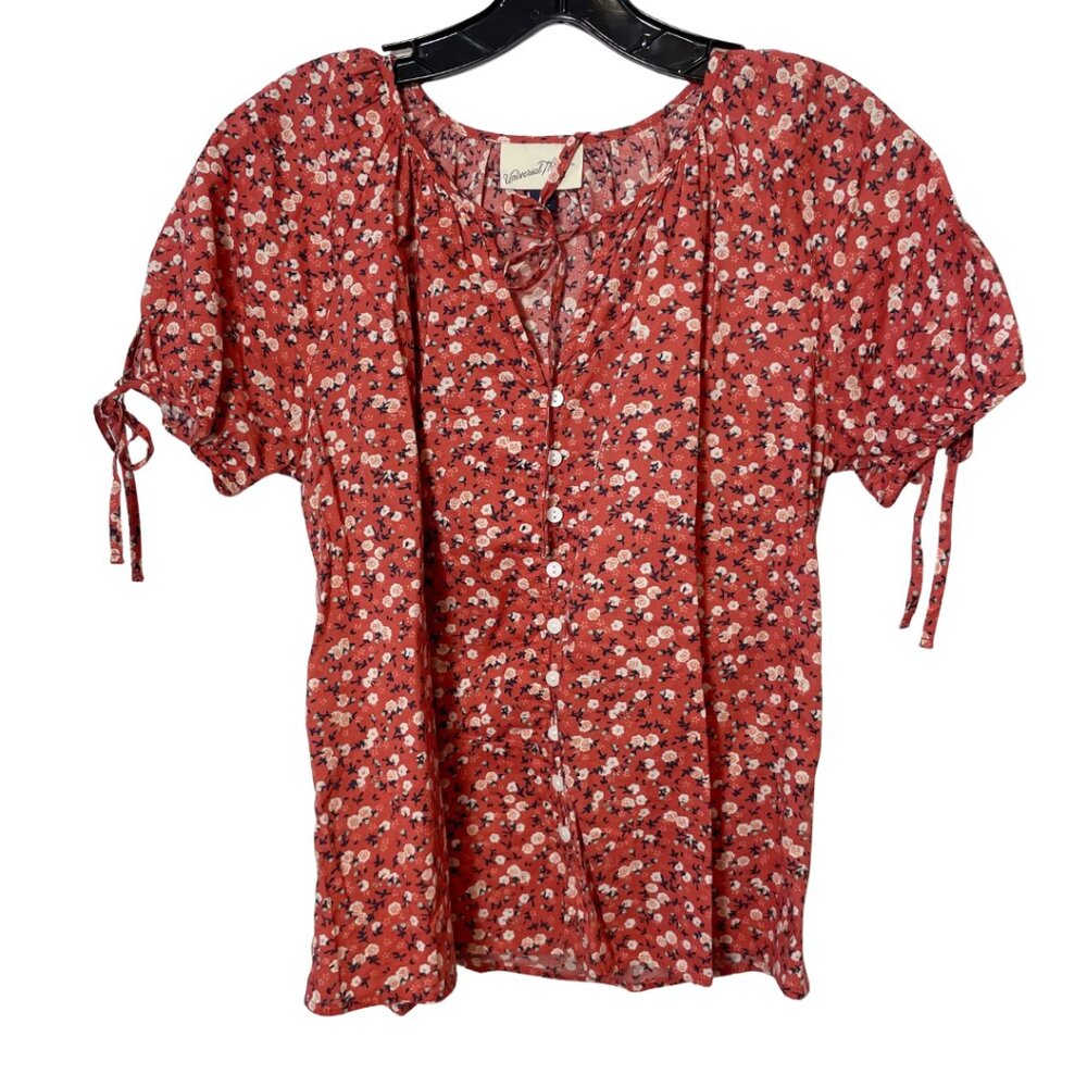 Universal Thread Tie Puff Sleeve Button Front Blouse Top Red S Floral Casual